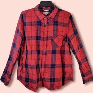 Merona Women's XXL Cotton Flannel Button Down Long Sleeve Red Plaid Top
